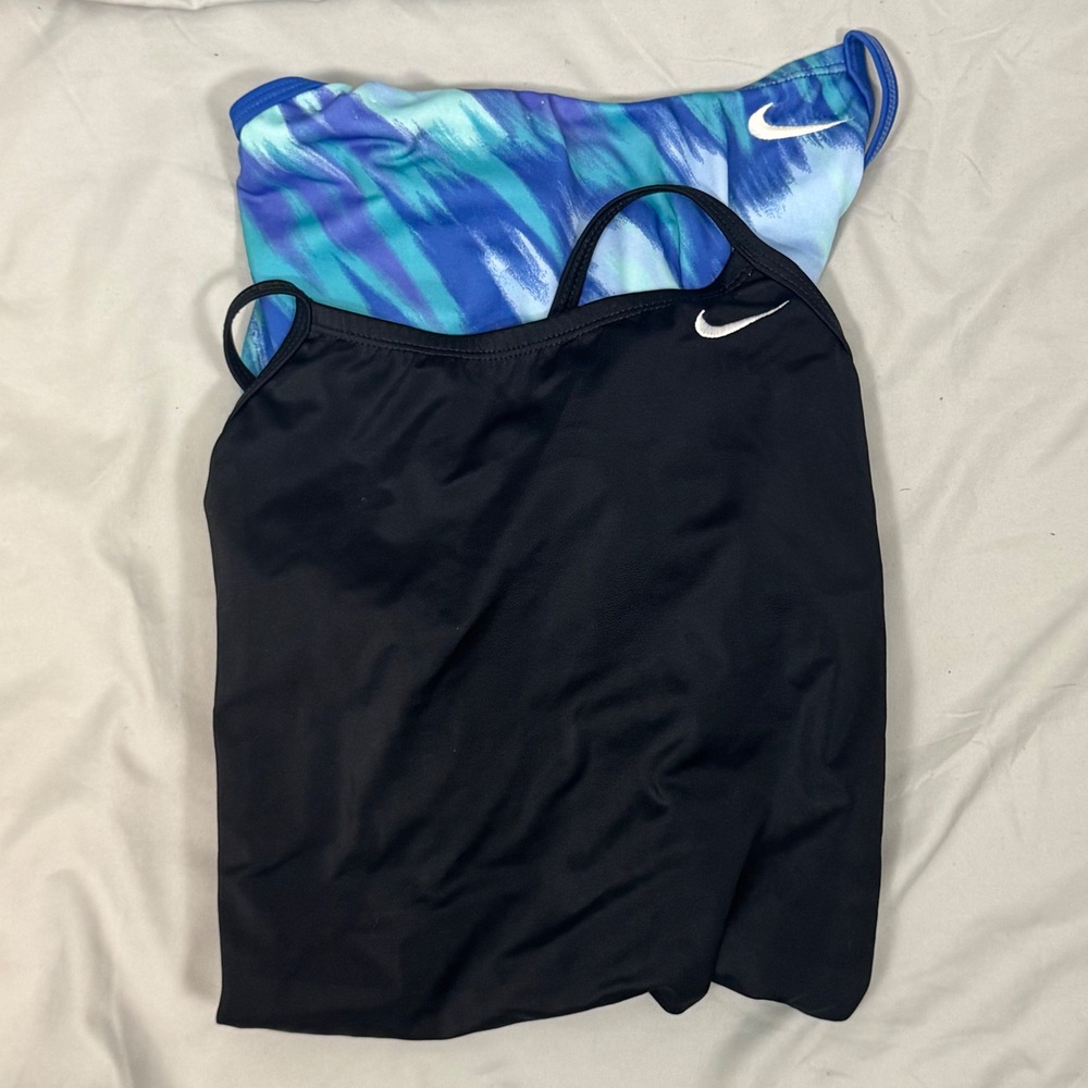 Nike Swimsuit Set Girls Size 10-12 Black & Blue Abstract One Piece Excellent